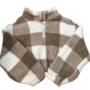 Cozy Sherpa Half-Zip Pullover - Cream & Brown Buffalo Check Sz L